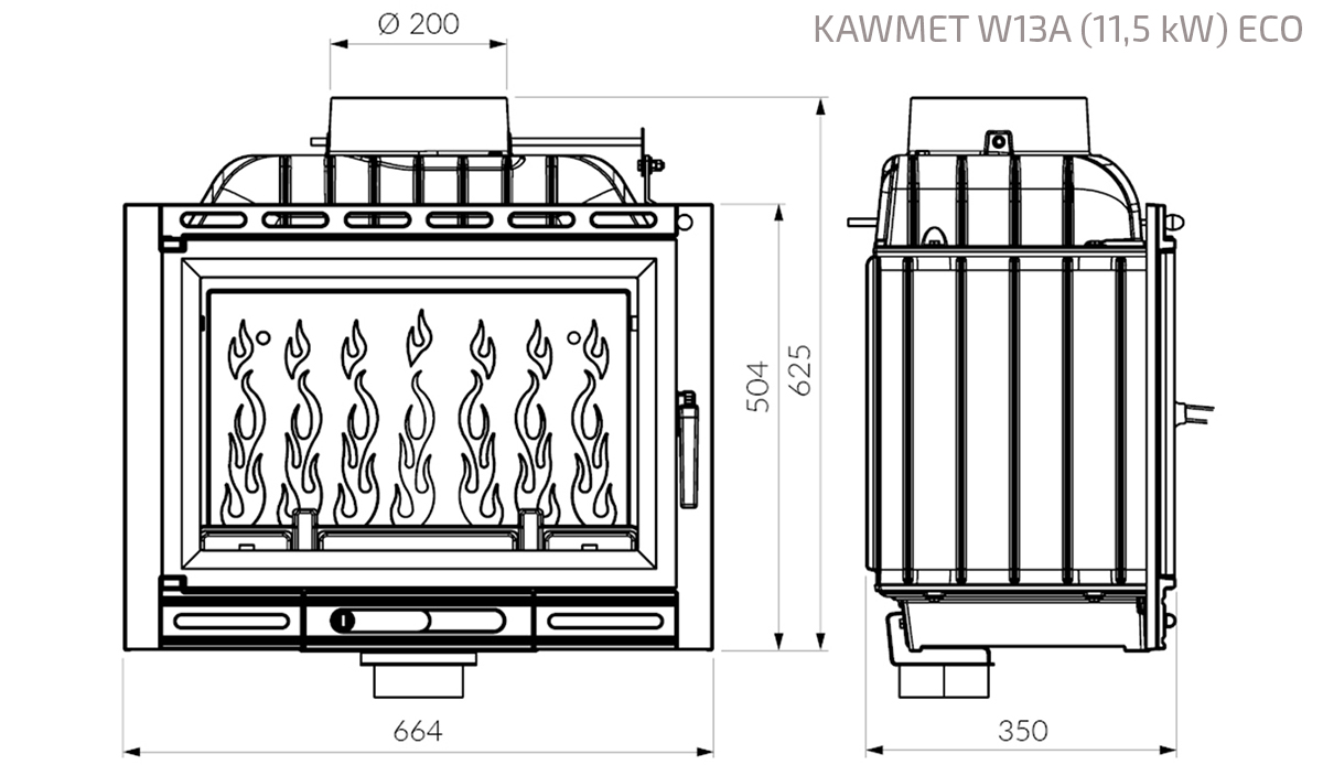 Wkład kominkowy KAWMET W13A (11,5 kW) ECO. Rysunek techniczny