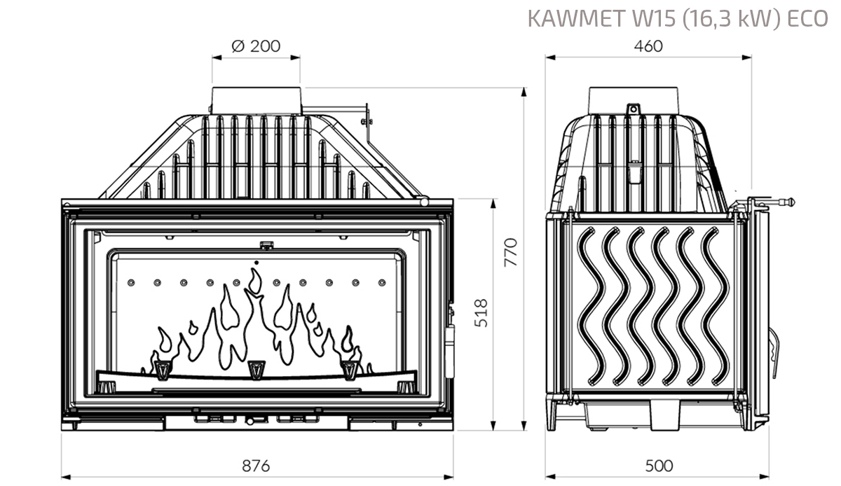 Fireplace insert KAWMET W15 (16,3 kW) ECO. Technical drawing