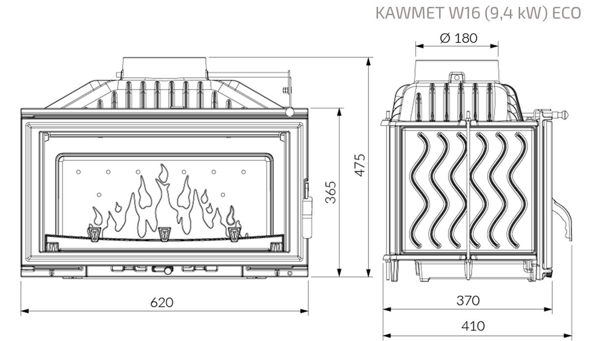 Fireplace insert KAWMET W16 (9,4 kW) ECO. Technical drawing