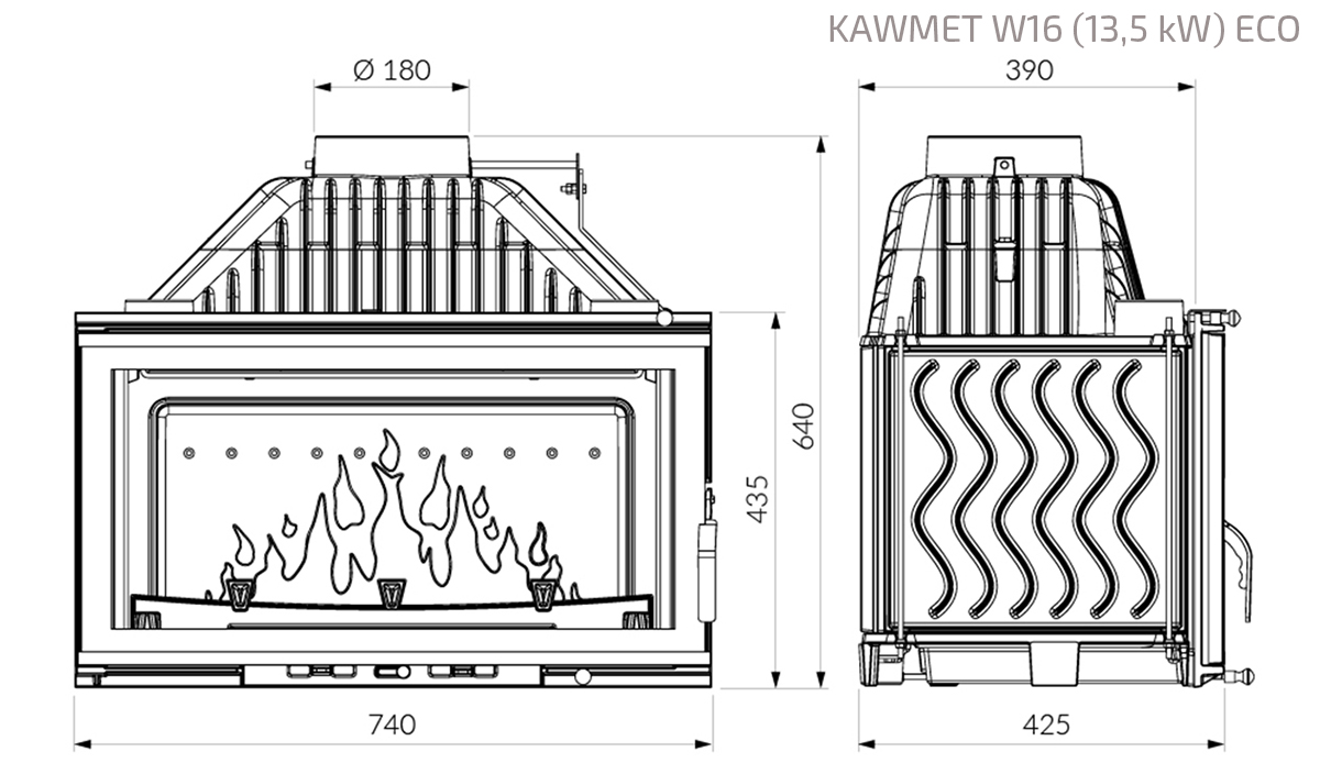 Wkład kominkowy KAWMET W16 (13,5 kW) ECO. Rysunek techniczny