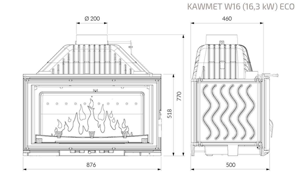 Fireplace insert KAWMET W16 (16,3 kW) ECO. Technical drawing