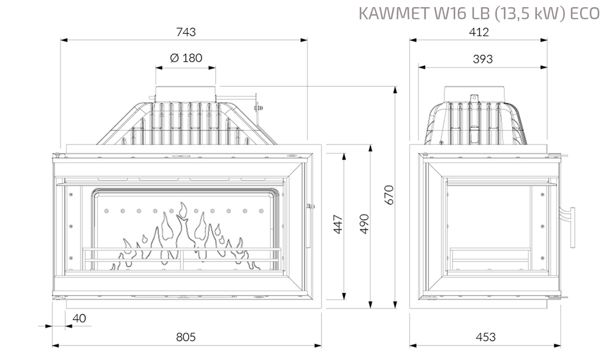 Fireplace insert KAWMET W16 LB (13,5 kW) ECO. Technical drawing