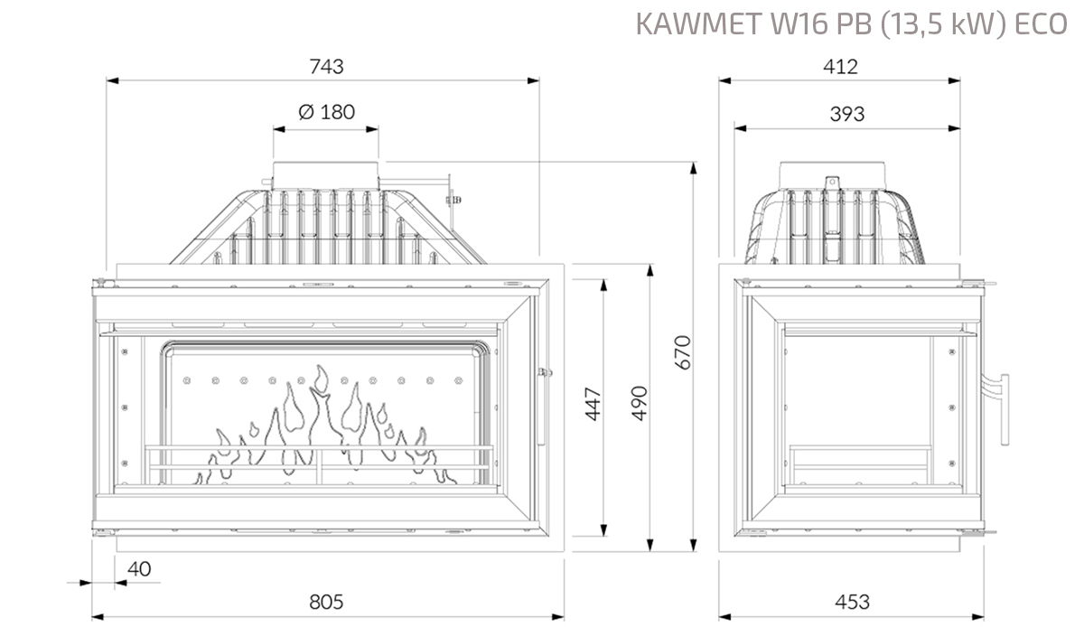 Fireplace insert KAWMET W16 PB (13,5 kW) ECO. Technical drawing