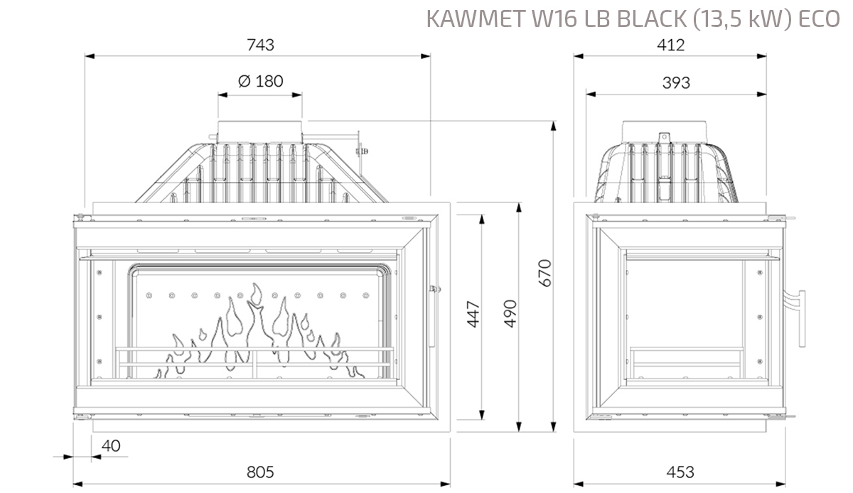 Wkład kominkowy KAWMET W16 LB BLACK (13,5 kW) ECO. Rysunek techniczny