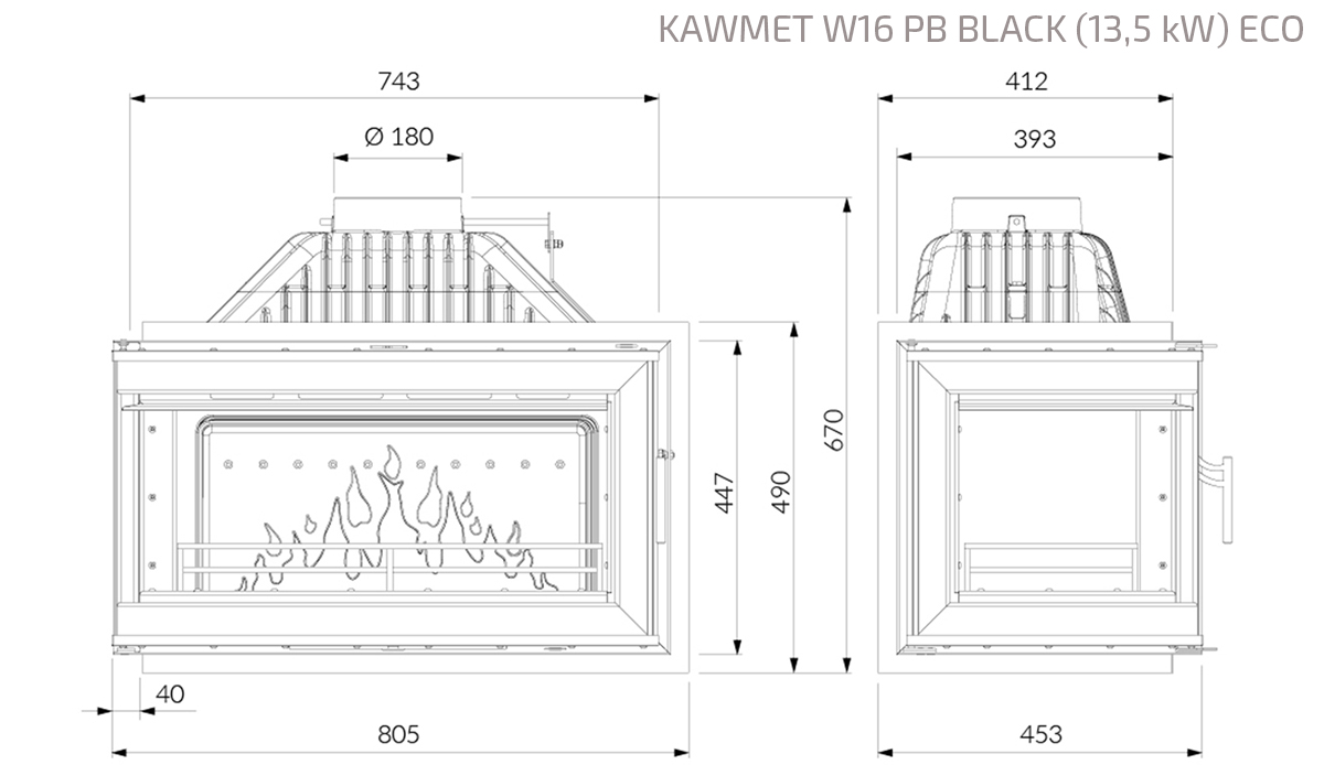 Wkład kominkowy KAWMET W16 PB BLACK (13,5 kW) ECO. Rysunek techniczny