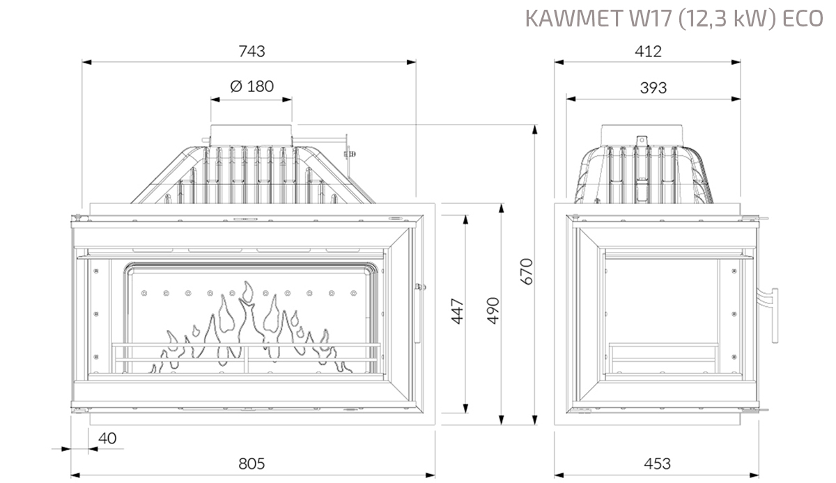 Wkład kominkowy KAWMET W17 (12,3 kW) ECO. Rysunek techniczny