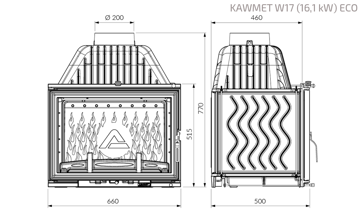 Wkład kominkowy KAWMET W17 (16,1 kW) ECO. Rysunek techniczny