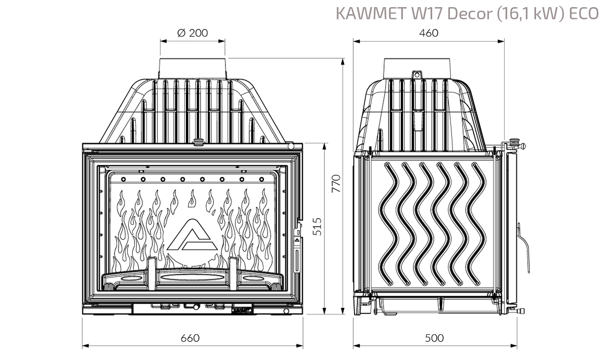 Wkład kominkowy KAWMET W17 Decor (16,1 kW) ECO. Rysunek techniczny