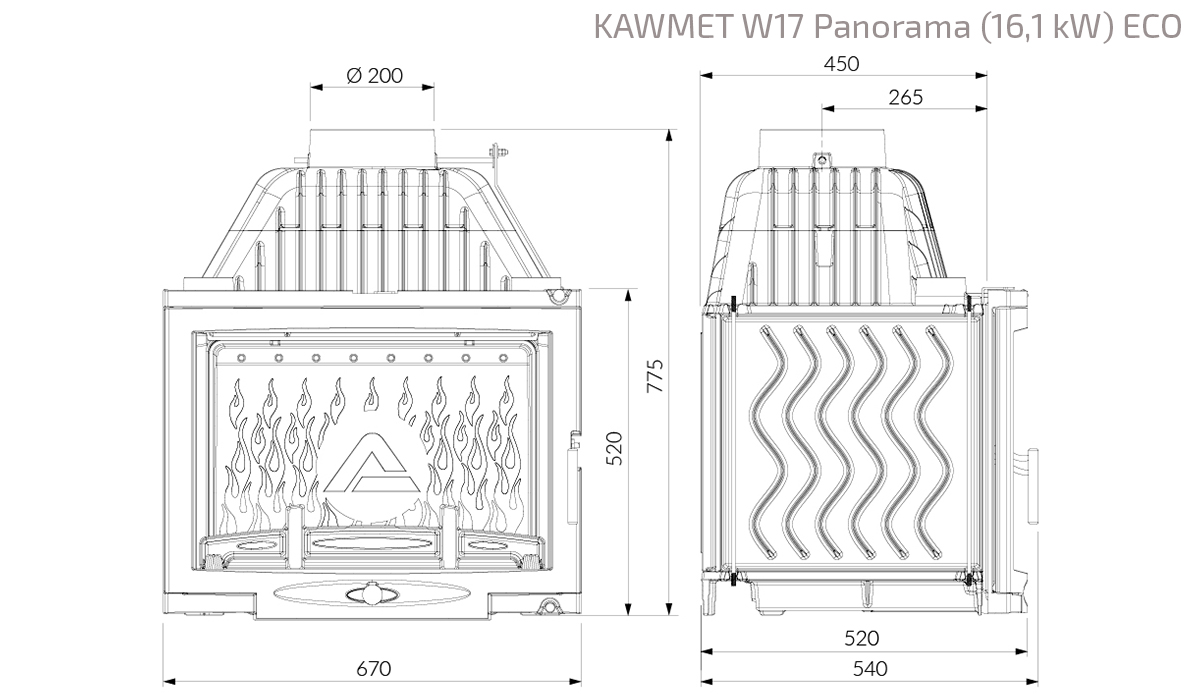 Fireplace insert KAWMET W17 Panorama (16,1 kW) ECO. Technical drawing