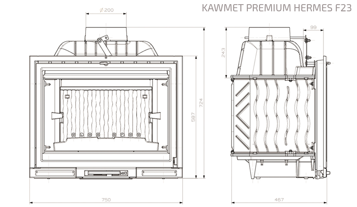 Wkład kominkowy KAWMET Premium HERMES F23 (14 kW). Rysunek techniczny