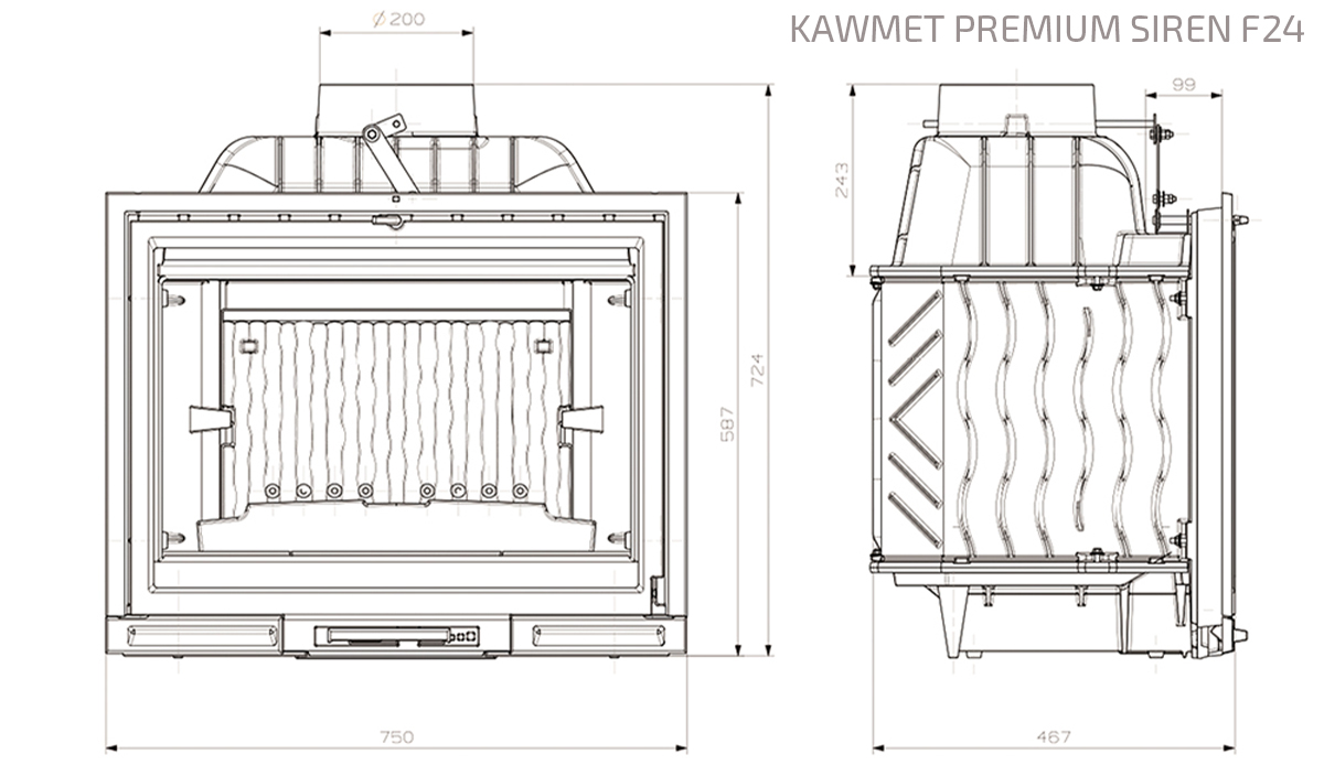 Wkład kominkowy KAWMET Premium SIREN F24 (14 kW). Rysunek techniczny