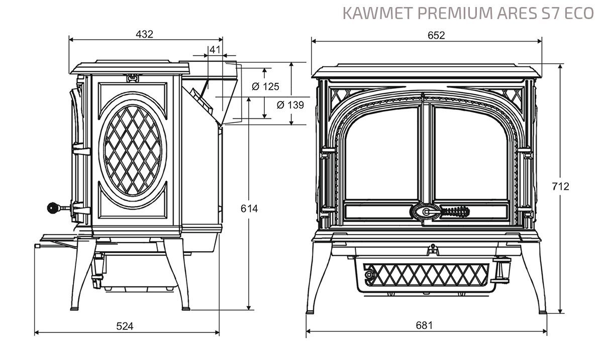 KAWMET Premium ARES S7 ECO Freestanding Stove. Technical drawing