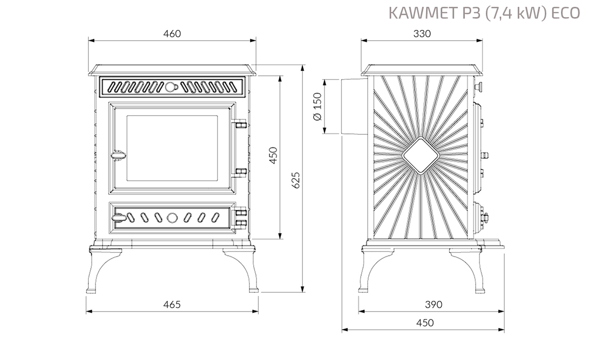Piec wolnostojący KAWMET P3 (7,4 kW) ECO. Rysunek techniczny