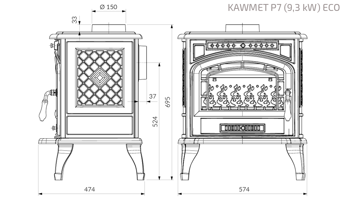 Piec wolnostojący KAWMET P7 (9,3 kW) ECO. Rysunek techniczny