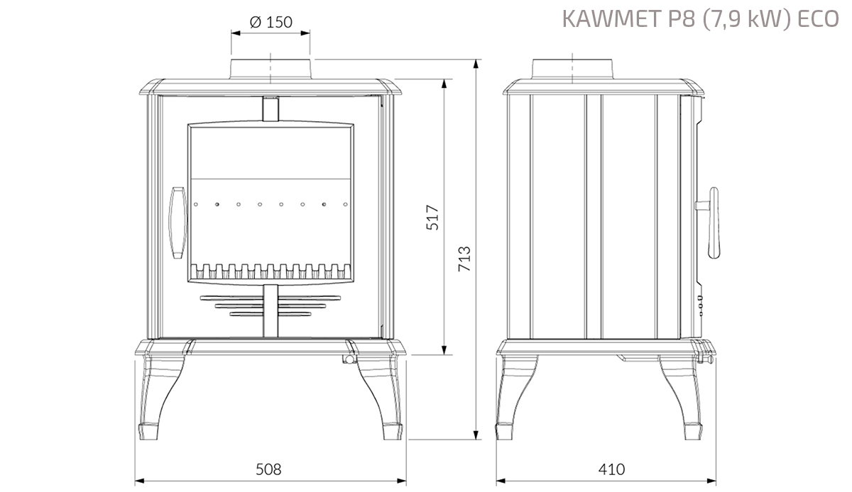 Piec wolnostojący KAWMET P8 (7,9 kW) ECO. Rysunek techniczny