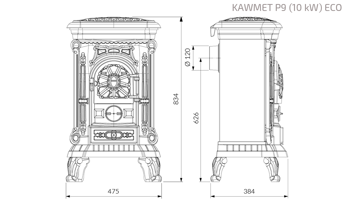 Piec wolnostojący KAWMET P9 (8 kW) ECO. Rysunek techniczny