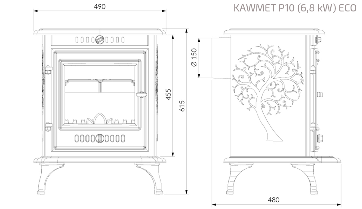 Piec wolnostojący KAWMET P10 (6,8 kW) ECO. Rysunek techniczny