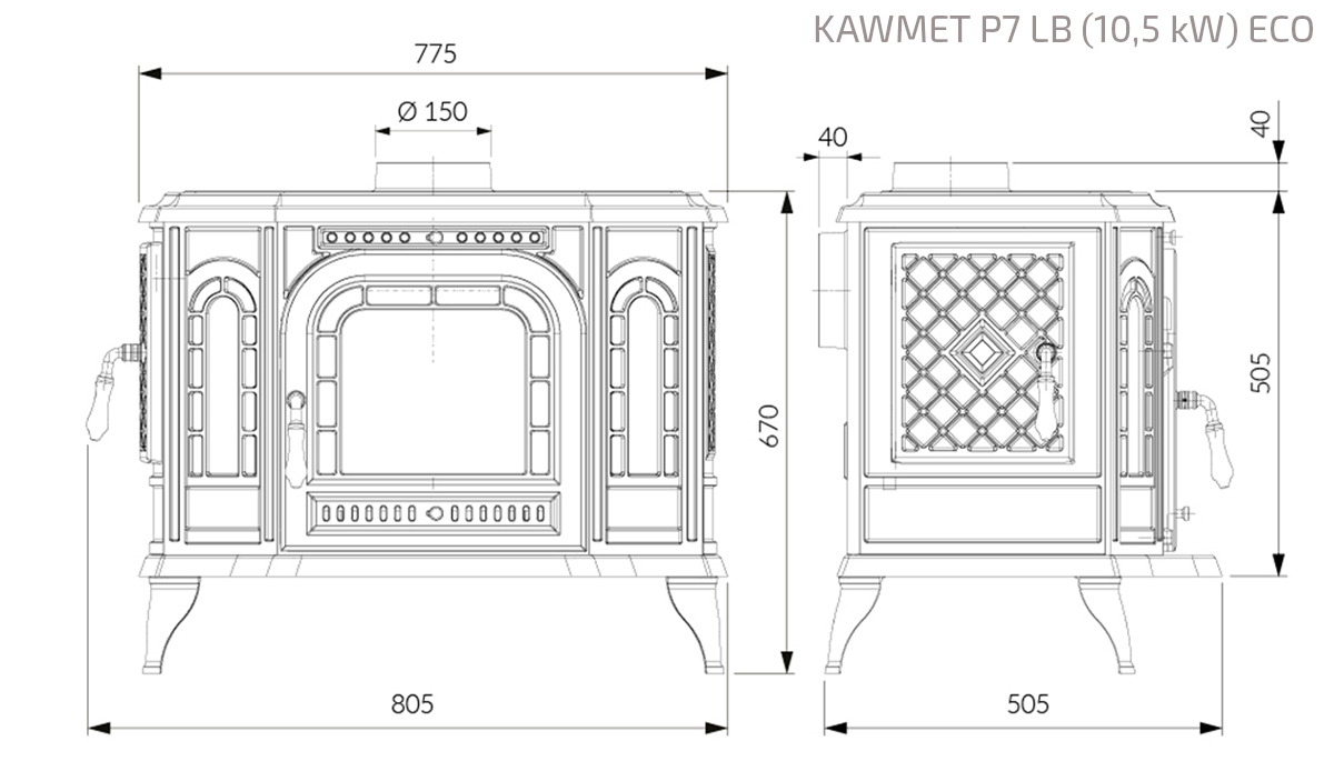 Piec wolnostojący KAWMET P7 LB (10,5 kW) ECO. Rysunek techniczny