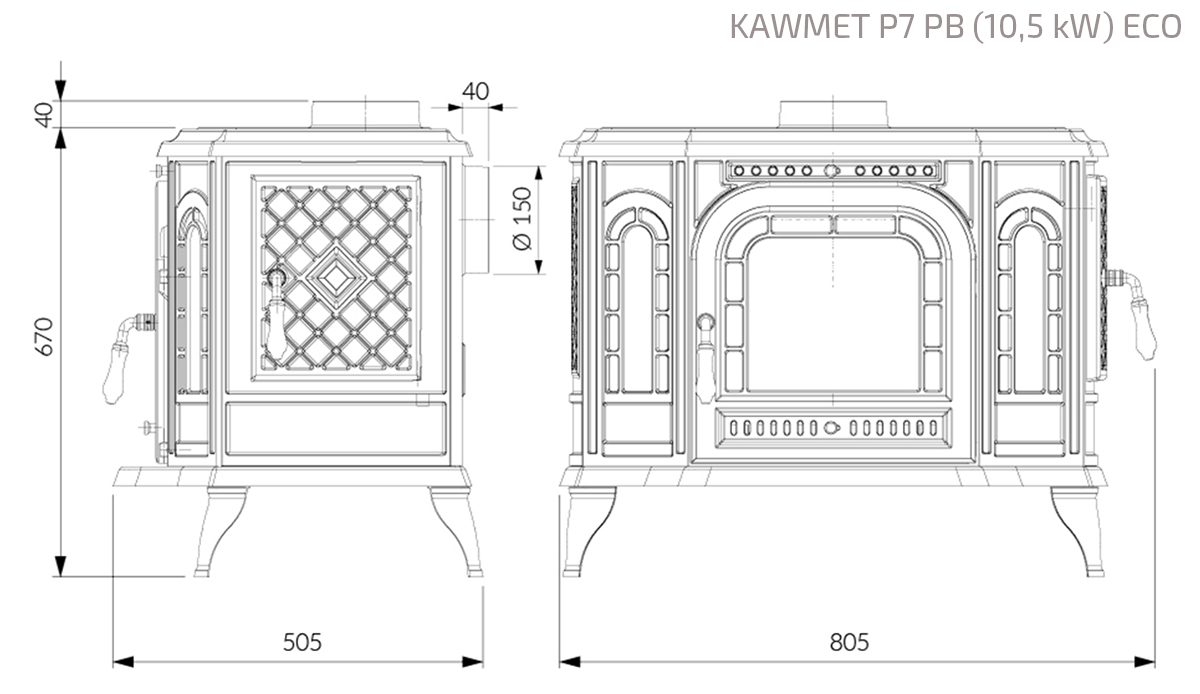 Piec wolnostojący KAWMET P7 PB (10,5 kW) ECO. Rysunek techniczny