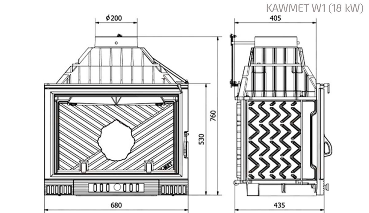Fireplace insert KAWMET W1 (18 kW). Technical drawing