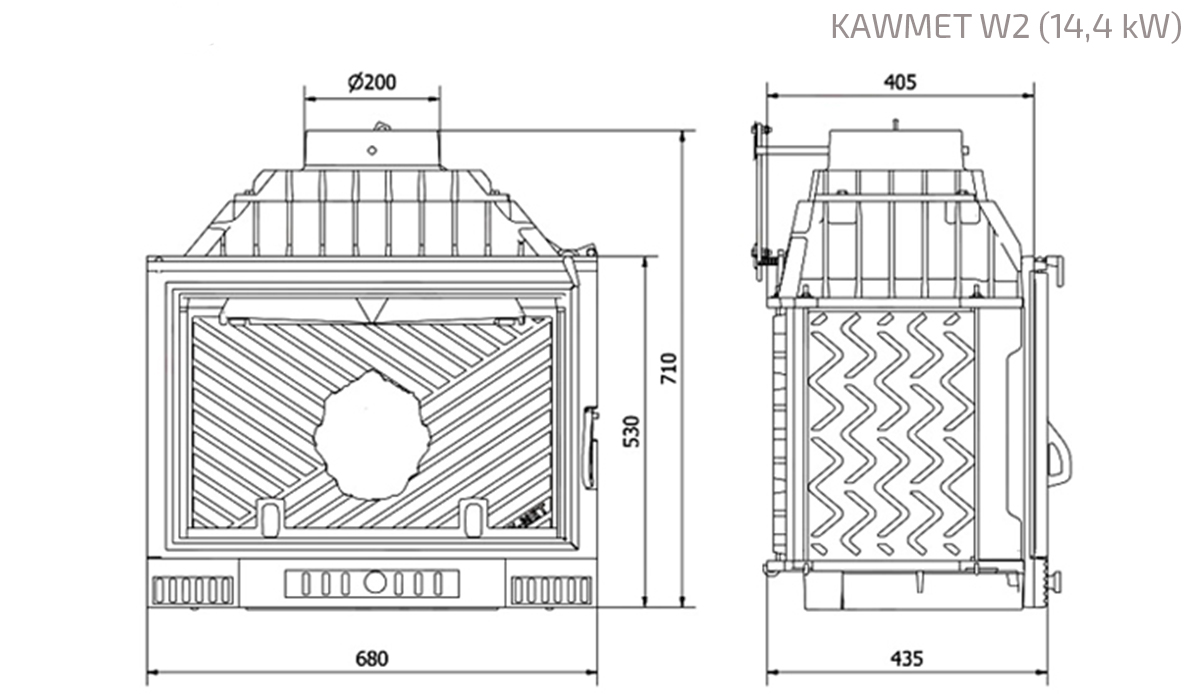 Fireplace insert KAWMET W2 (14,4 kW). Technical drawing