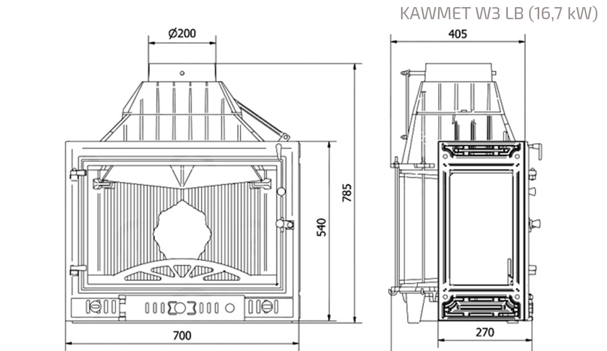 Fireplace insert KAWMET W3 LB (16,7 kW). Technical drawing