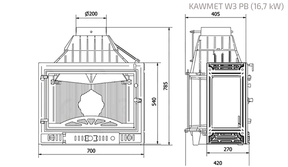 Fireplace insert KAWMET W3 PB (16,7 kW). Technical drawing