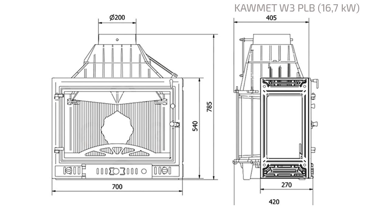 Fireplace insert KAWMET W3 PLB (16,7 kW). Technical drawing
