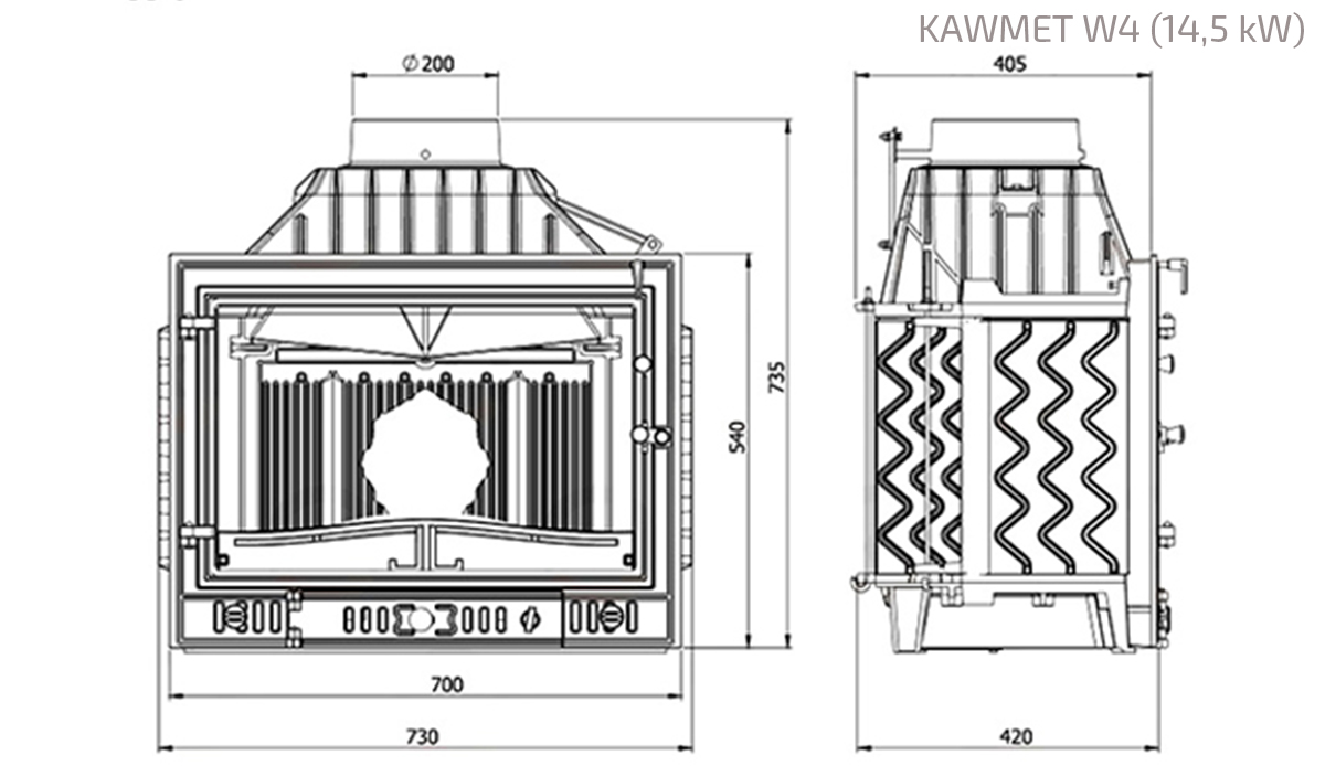 Fireplace insert KAWMET W4 (14,5 kW). Technical drawing