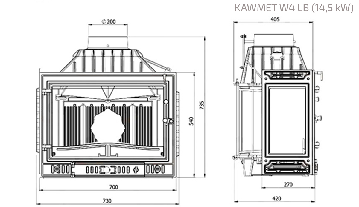 Fireplace insert KAWMET W4 LB (14,5 kW). Technical drawing