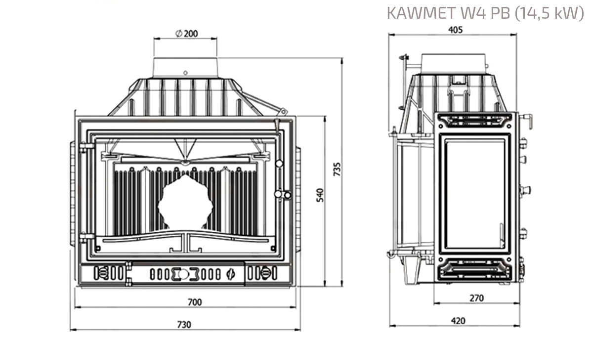 Fireplace insert KAWMET W4 PB (14,5 kW). Technical drawing