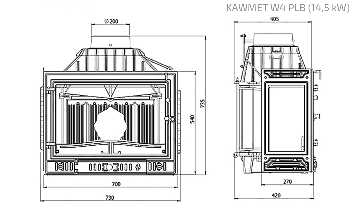 Fireplace insert KAWMET W4 PLB (14,5 kW). Technical drawing