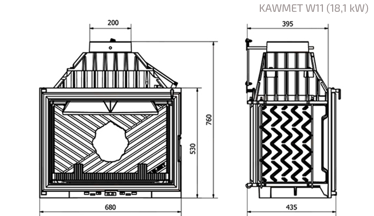 Fireplace insert KAWMET W11 (18,1 kW). Technical drawing