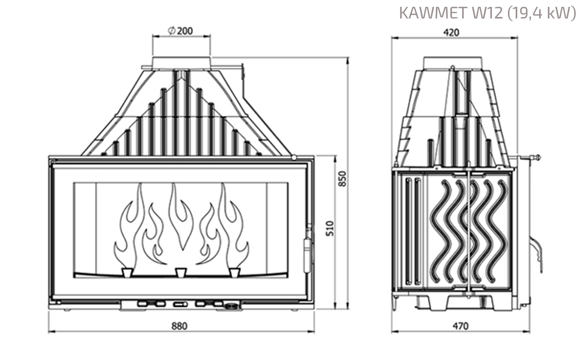 Fireplace insert KAWMET W12 (19,4 kW). Technical drawing