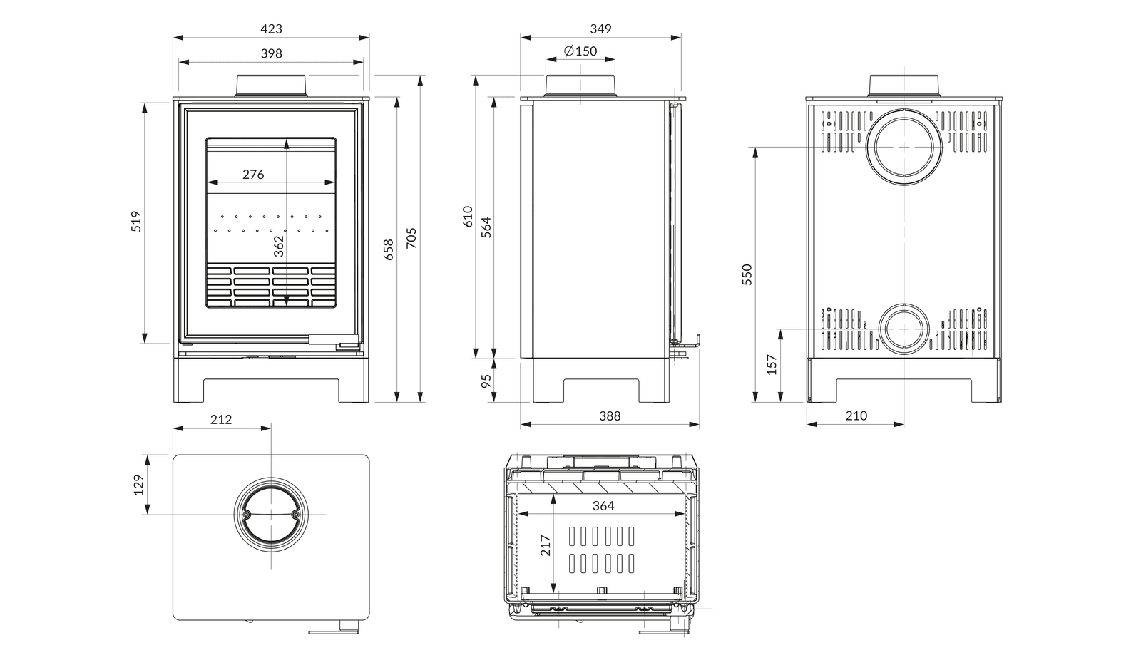 Piec wolnostojący KAWMET HARITA S15v Basic ECO. Rysunek techniczny