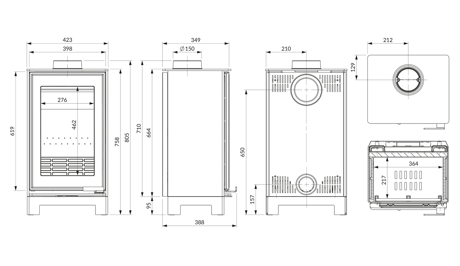 Piec wolnostojący KAWMET VENUS S16 Basic ECO. Rysunek techniczny