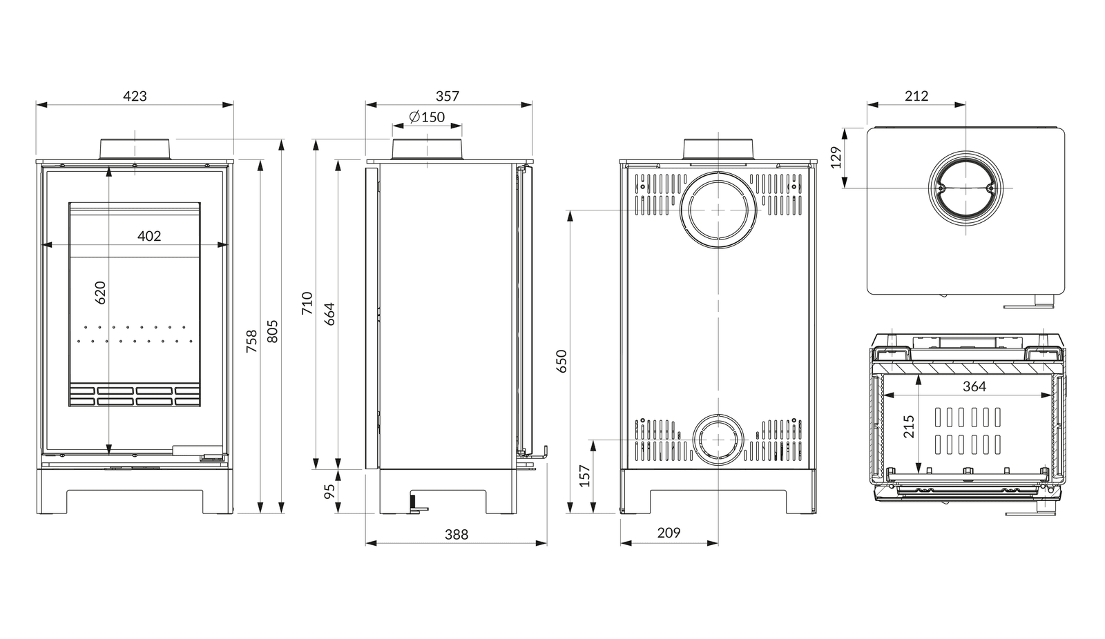 Piec wolnostojący KAWMET VENUS S16 Basic Decor ECO. Rysunek techniczny