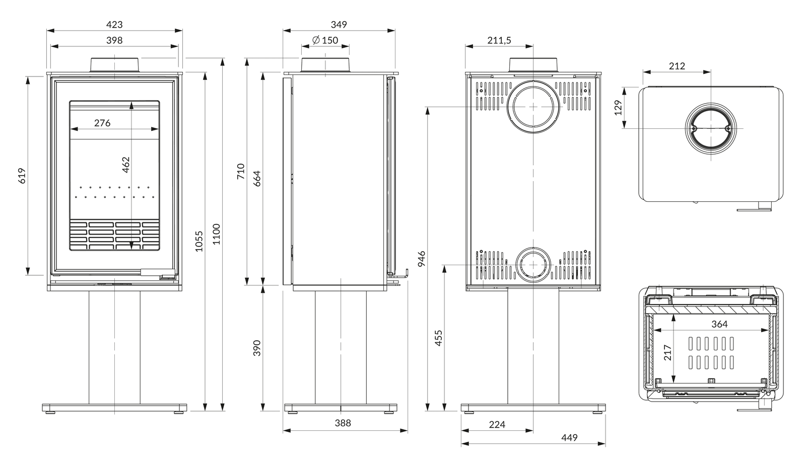 Piec wolnostojący KAWMET VENUS S16 Leg ECO. Rysunek techniczny