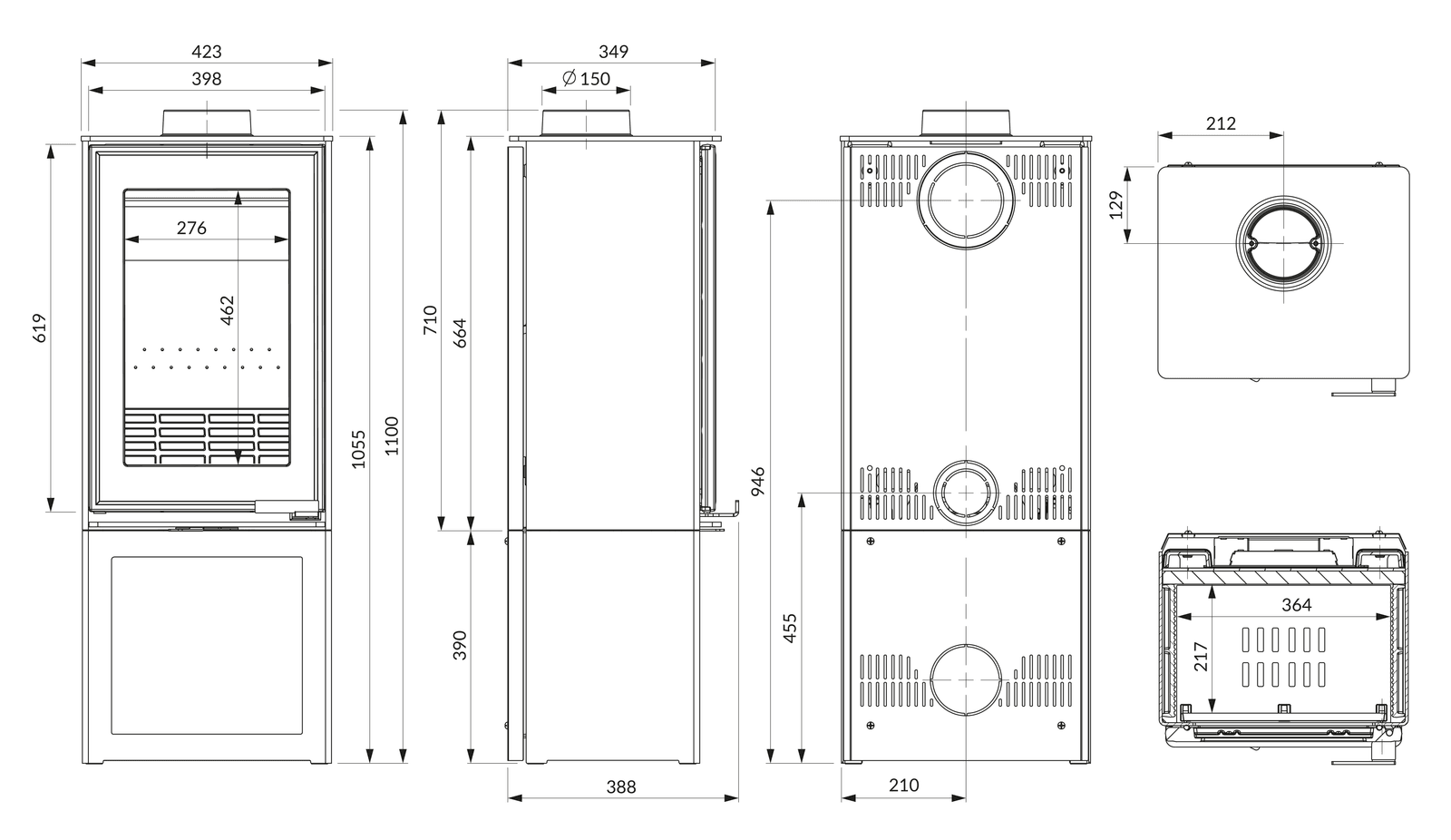 Piec wolnostojący KAWMET VENUS S16 S-Box ECO. Rysunek techniczny