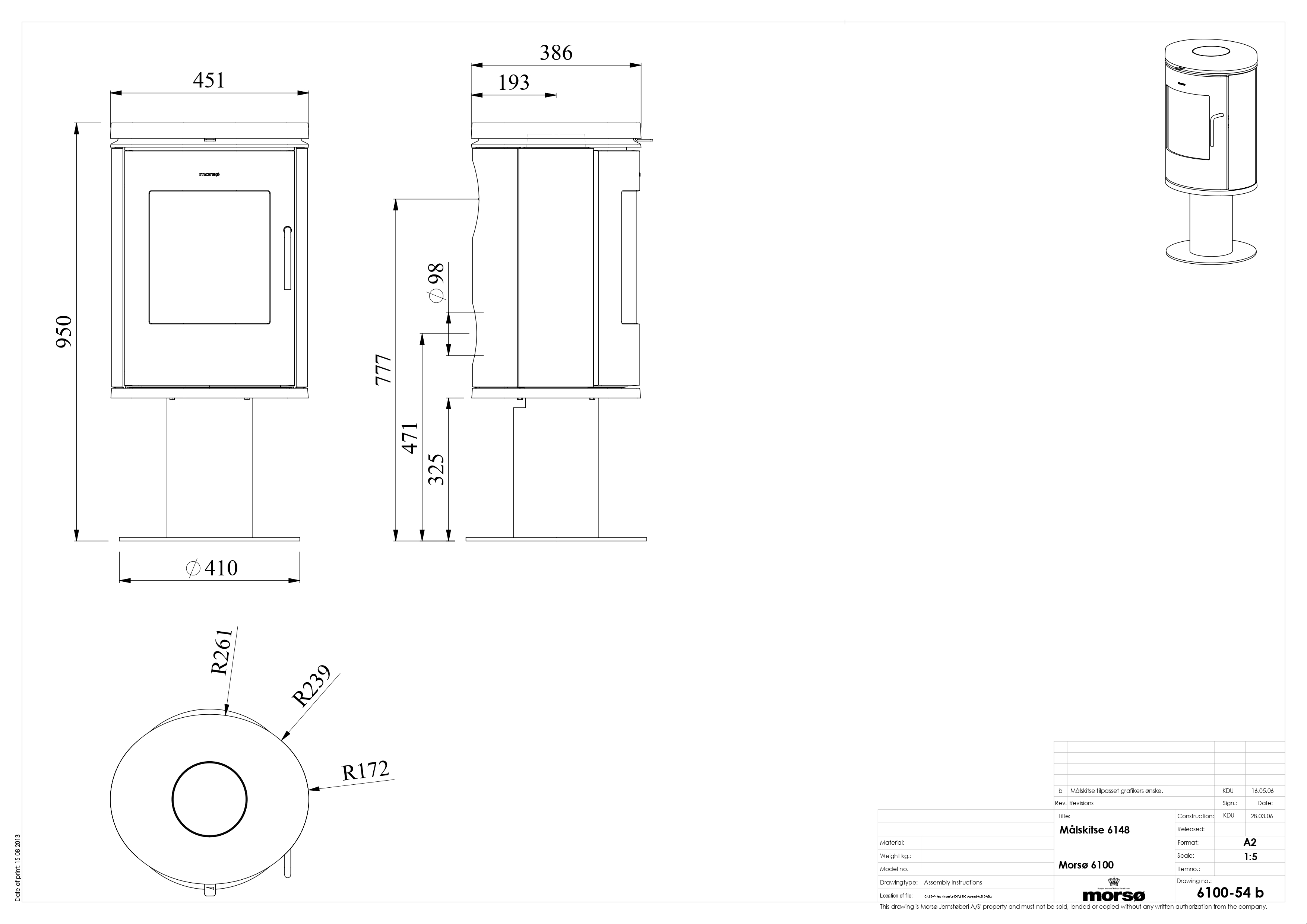 Morso 6148 Cast Iron Stove on Pedestal. Technical drawing
