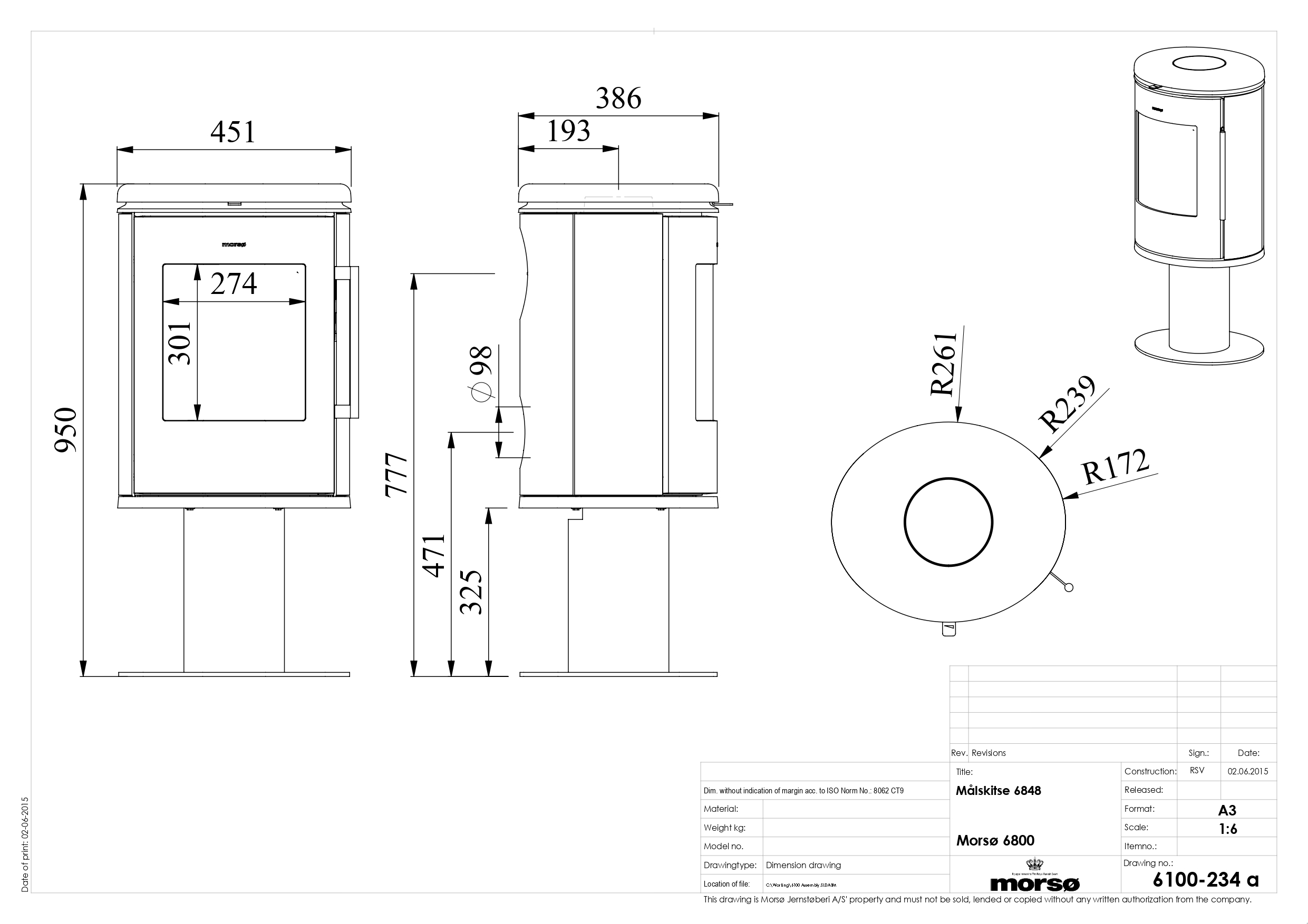 Morso 6848 Cast Iron Stove on Pedestal. Technical drawing