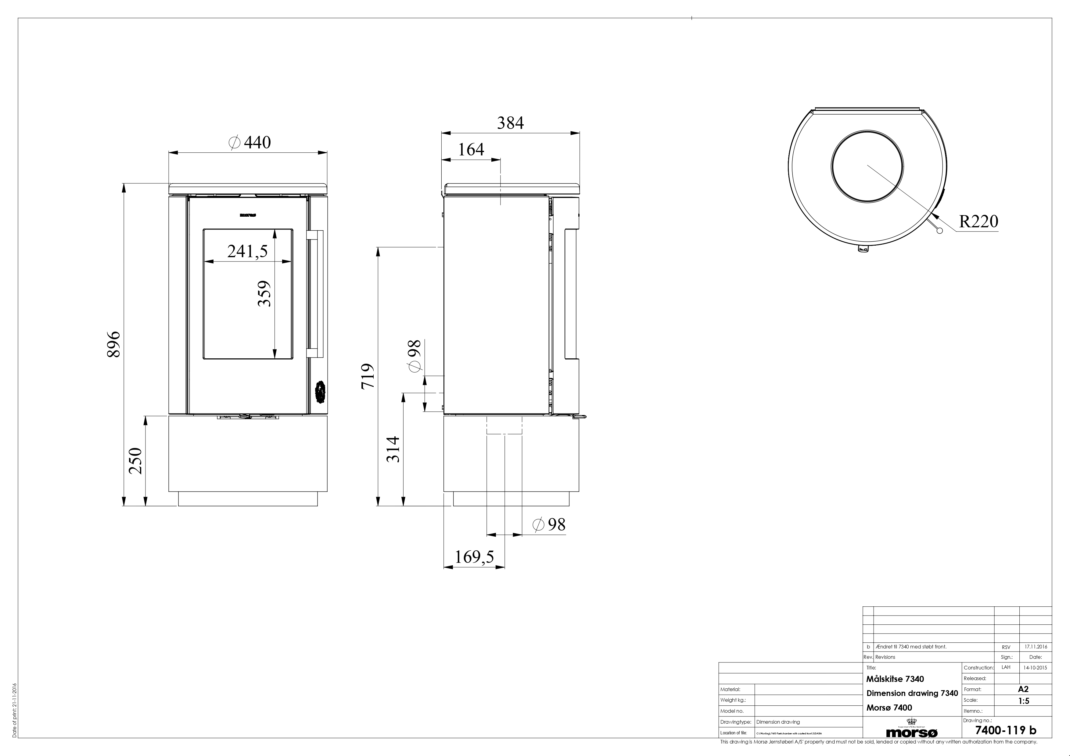 Morso 7340 Cast Iron Stove with Low Base. Technical drawing