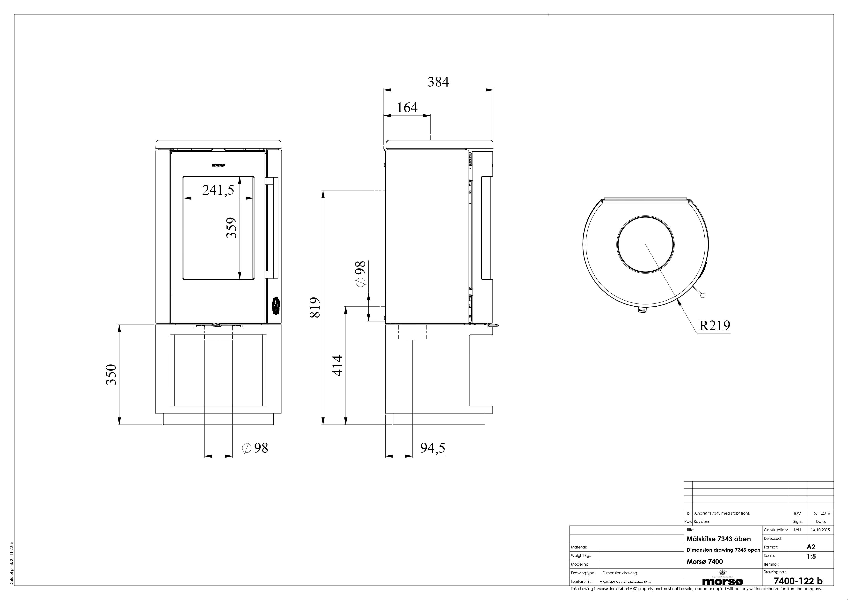 Morso 7343 Cast Iron Stove with Log Store. Technical drawing