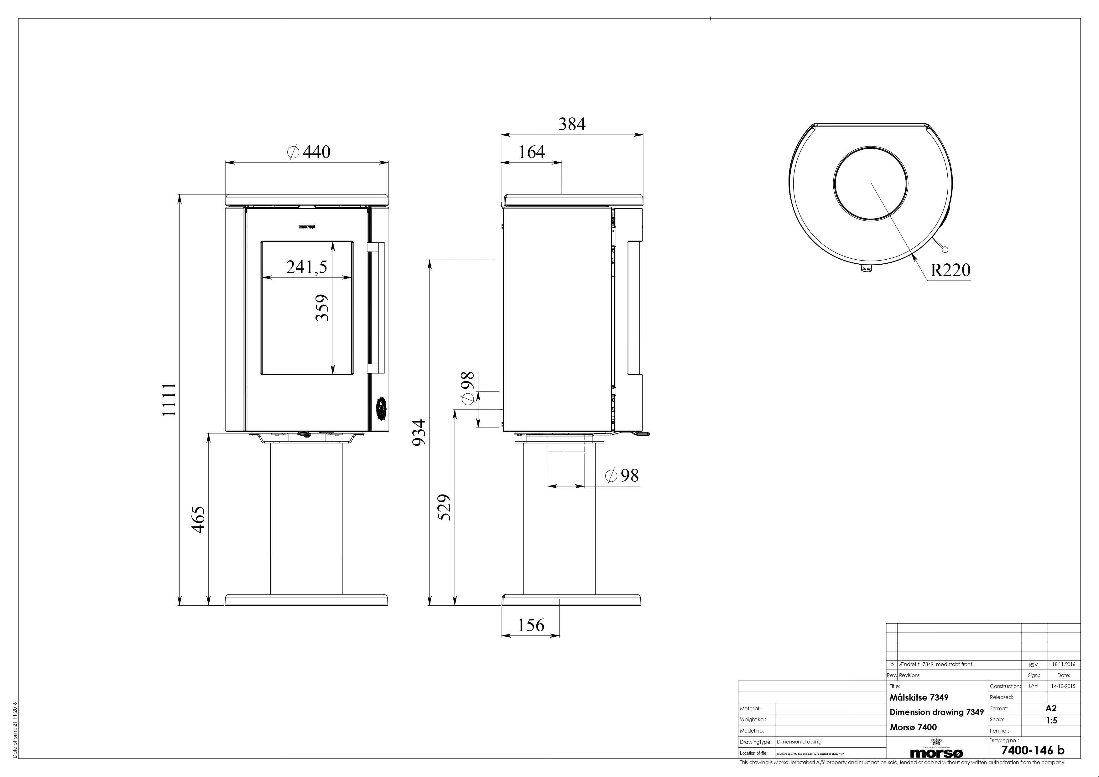 Morso 7349 Cast Iron Stove on Pedestal. Technical drawing