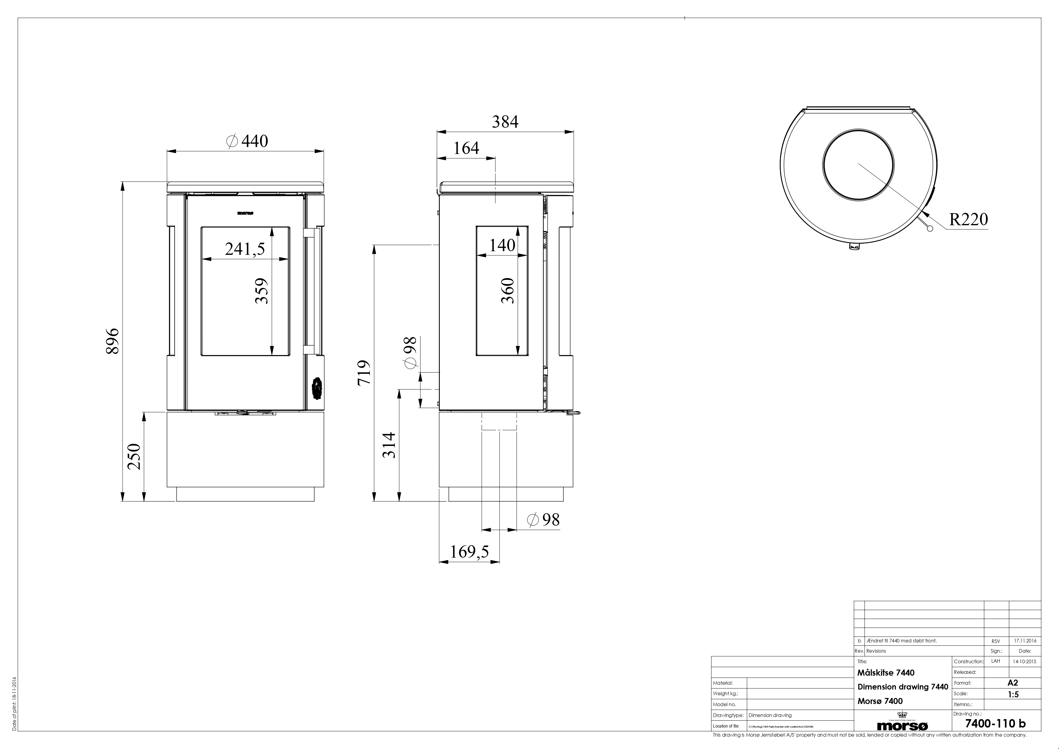 Morso 7440 Three-Sided Cast Iron Stove with Low Base. Technical drawing