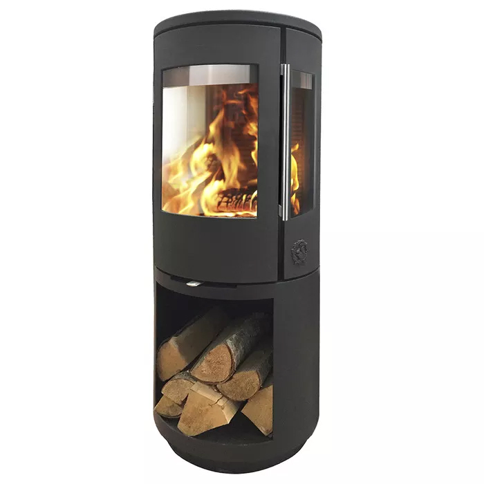 Cast Iron Three Sided Stove Morso 7493 with high wood storage box