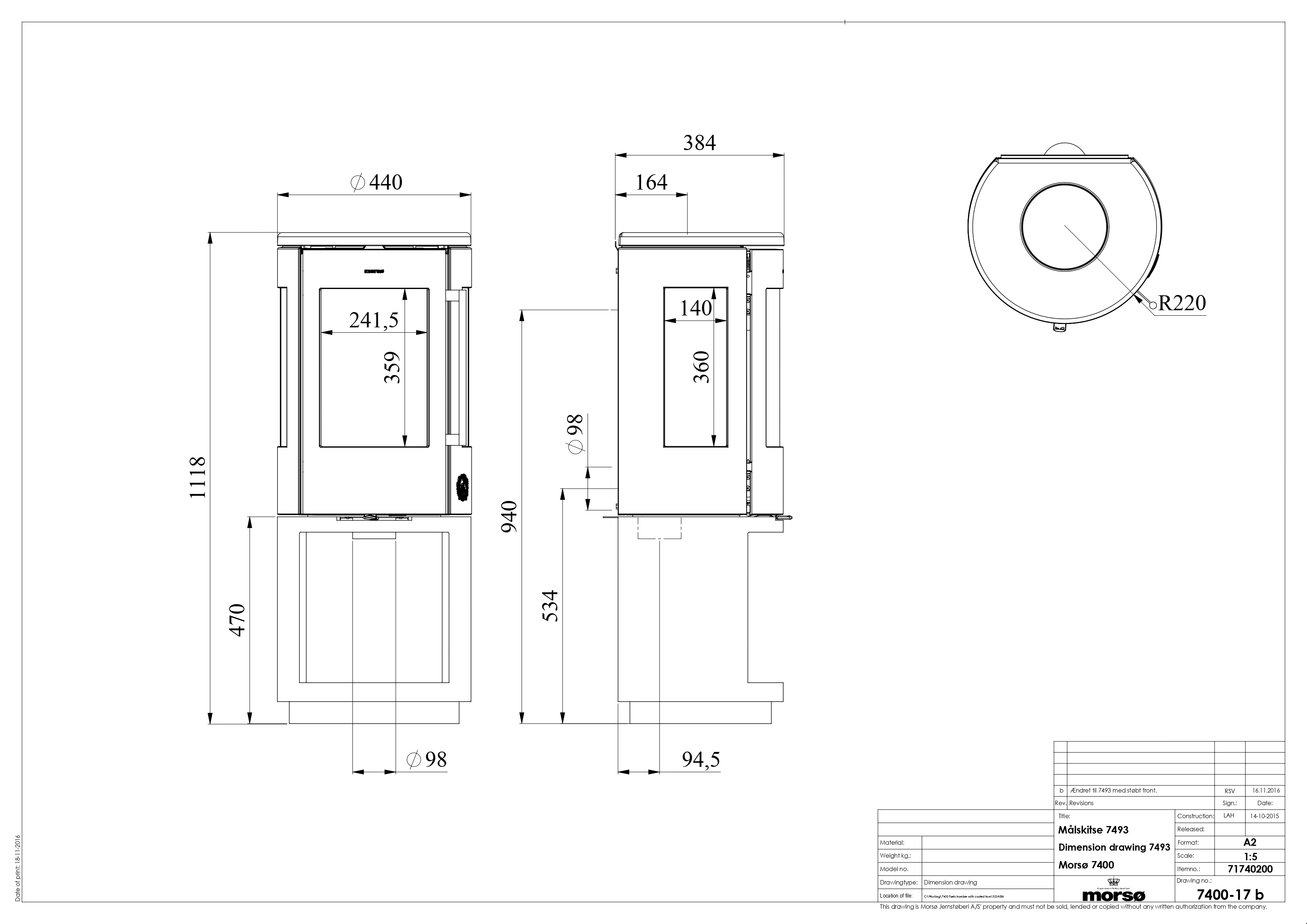 Morso 7493 Three-Sided Cast Iron Stove with High Log Store. Technical drawing