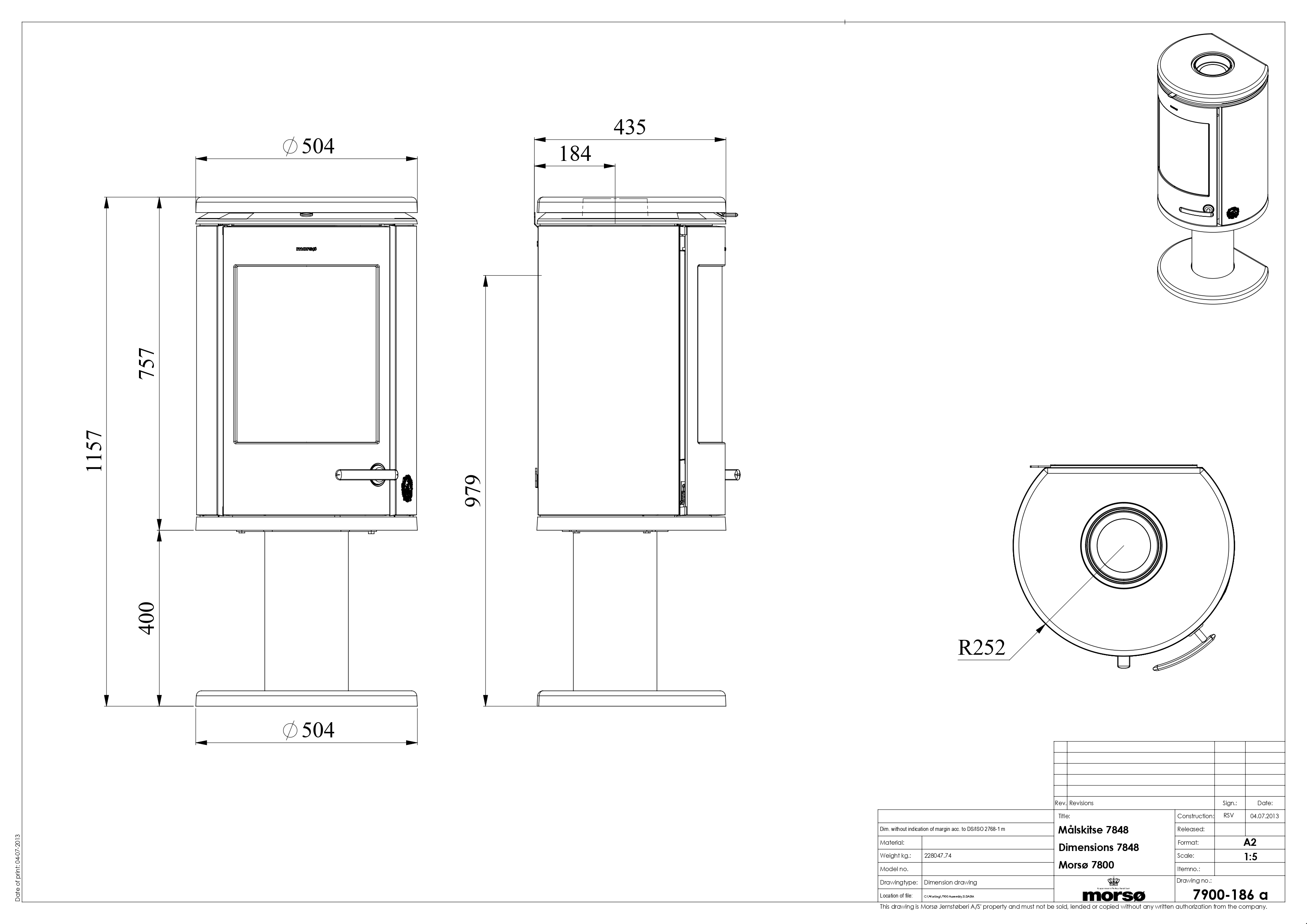 Morso 7848 Cast Iron Stove on Pedestal. Technical drawing