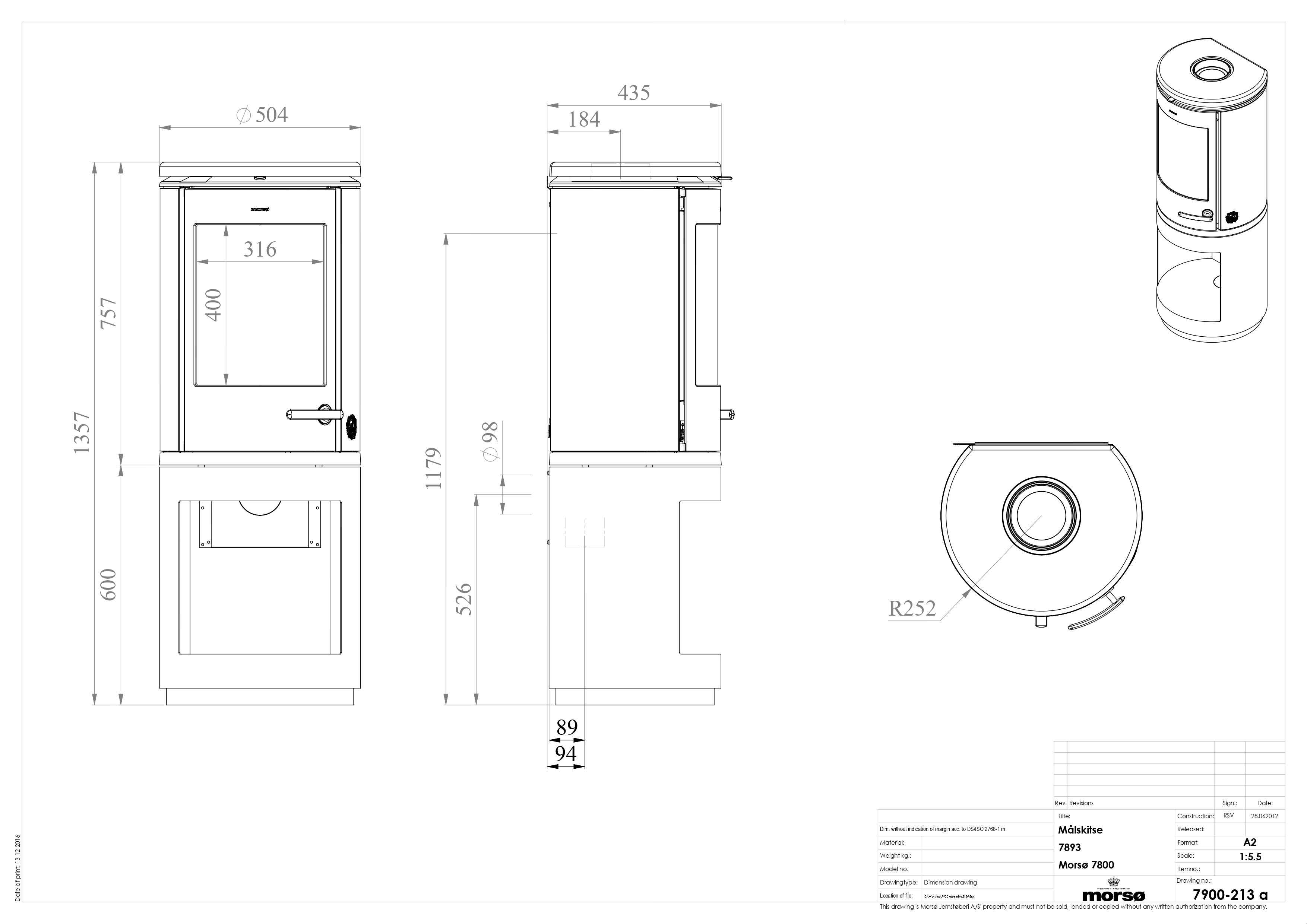 Morso 7893 Cast Iron Stove with High Log Store. Technical drawing