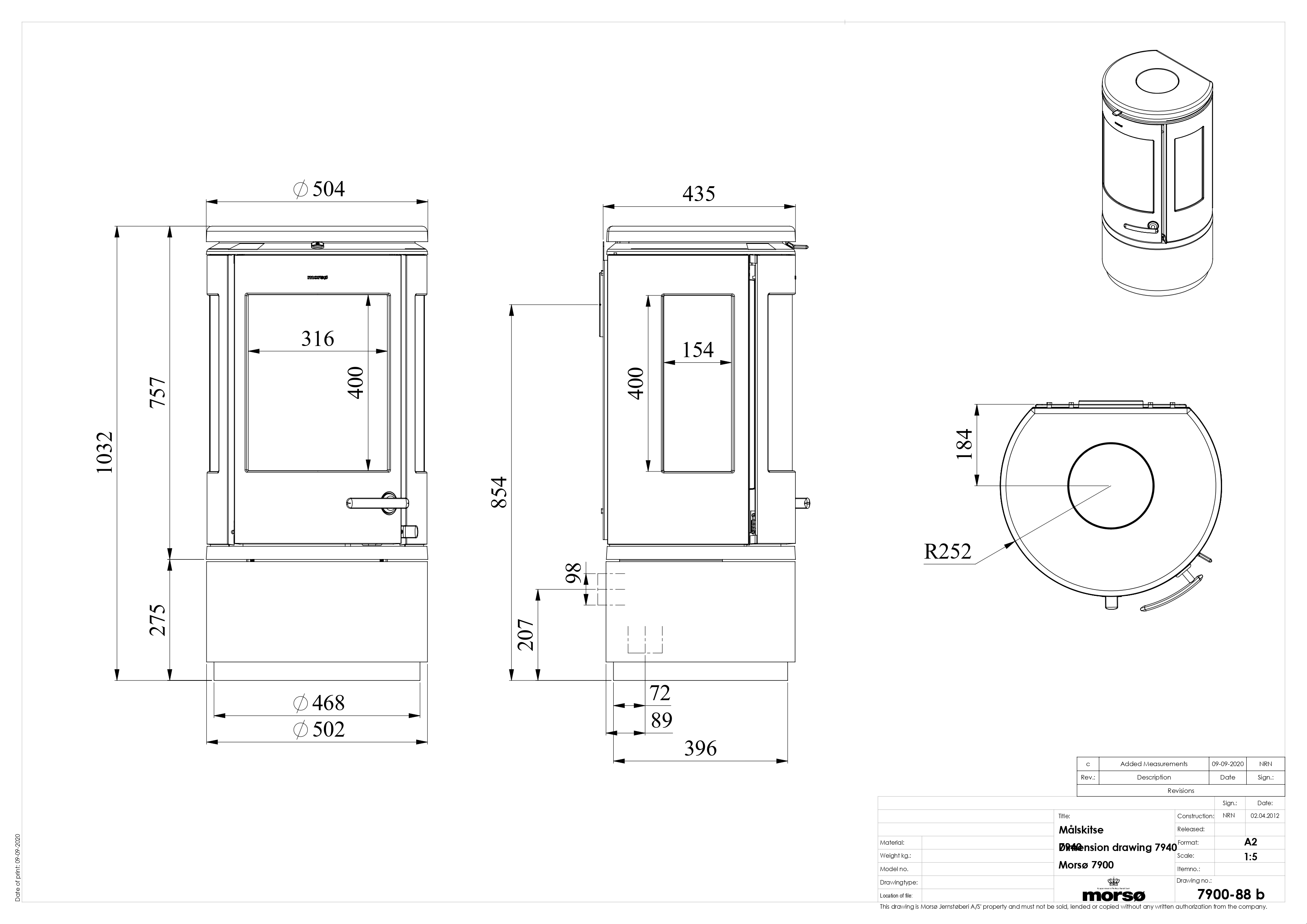 Morso 7940 Three-Sided Cast Iron Stove with Low Base. Technical drawing